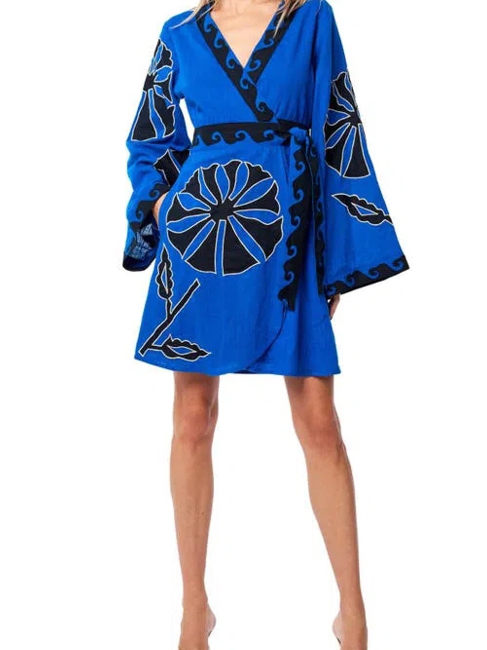 Ciebon Kiera Embroidered Wrap Dress Blue Floral Cotton XS Long Sleeve Boho